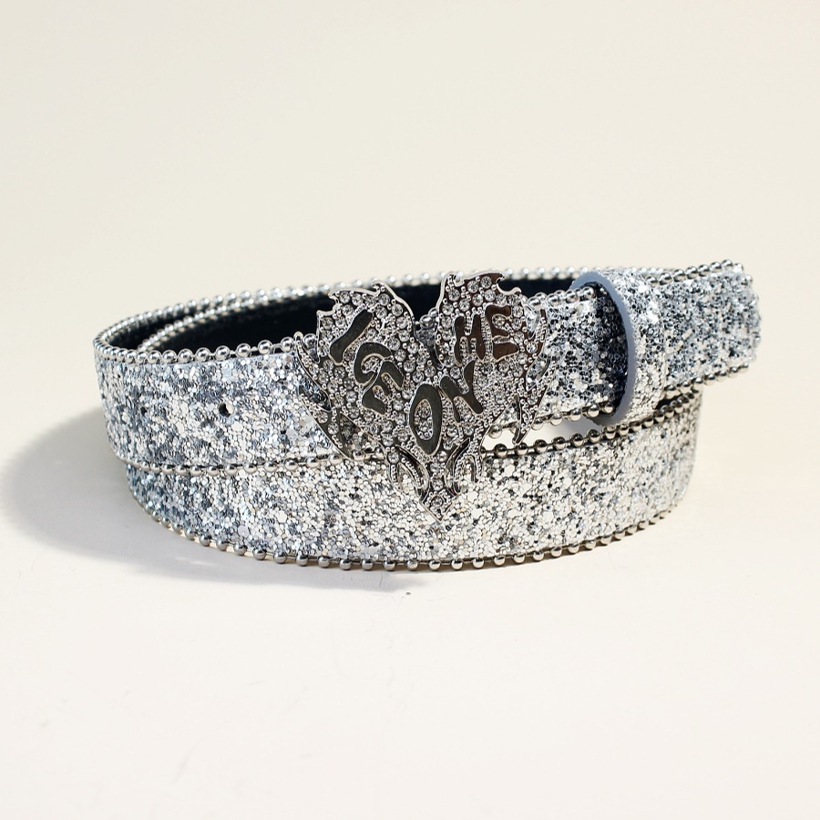 Women'S Jeans Accessories Chain - Cinturón de Lentejuelas Plateadas con Pedrería,